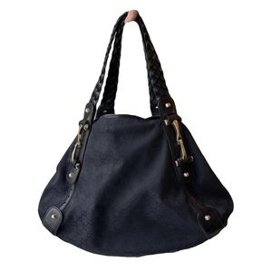 Authentic Gucci Black GG Monogram Pelham Handbag Horse Bit Braided Leather.